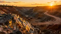 Large open pit gold mine in Ghana with visible gold mineralization in foreground rocks at sunset